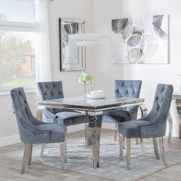 Louis dining set - 4 seater - 100cm - square - grey marble & chrome - 4x lion knocker back dining chairs - grey velvet fabric - chrome legs
