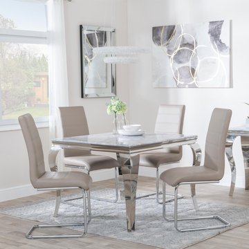 Louis dining set - 4 seater - 100cm - square - grey marble & chrome - 4x roma dining chairs - beige faux leather