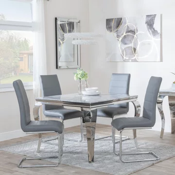 Louis dining set - 4 seater - 100cm - square - grey marble & chrome - 4x roma dining chairs - grey faux leather