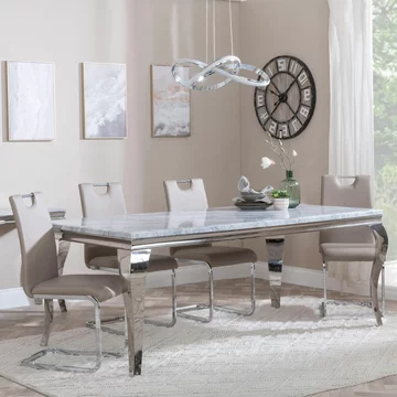 Louis dining set - 4 seater - 140cm - grey marble & chrome - bianco dining chairs - beige faux leather