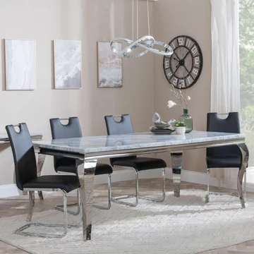Louis dining set - 4 seater - 140cm - grey marble & chrome - bianco dining chairs - black faux leather