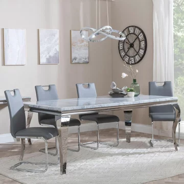 Louis dining set - 4 seater - 140cm - grey marble & chrome - bianco dining chairs - grey faux leather