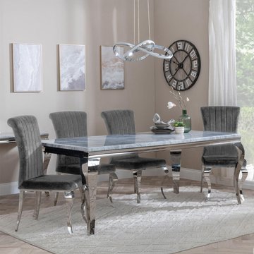 Louis dining set - 4 seater - 140cm - grey marble & chrome - dining chairs - grey velvet fabric