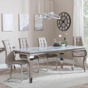 Louis dining set - 4 seater - 140cm - grey marble & chrome - jamison dining chairs - beige faux leather