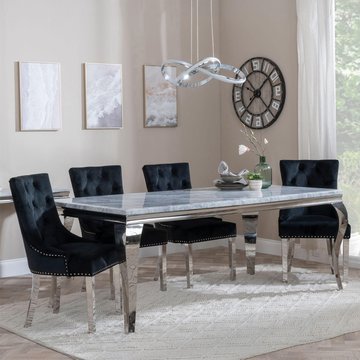 Louis dining set - 4 seater - 140cm - grey marble & chrome - knocker back dining chairs - black velvet fabric - chrome legs
