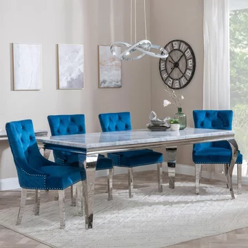 Louis dining set - 4 seater - 140cm - grey marble & chrome - lion knocker back dining chairs - blue velvet fabric - chrome legs