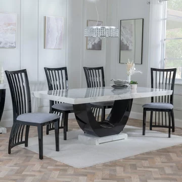 Clearance - madrid dining set - 8 seater - 200cm - white marble - athena dining chairs - black high gloss - slatted back - grey seat pads