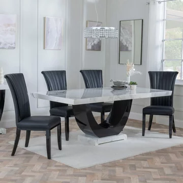 Clearance - madrid dining set - 8 seater - 200cm - white marble - cadiz dining chairs - black leather
