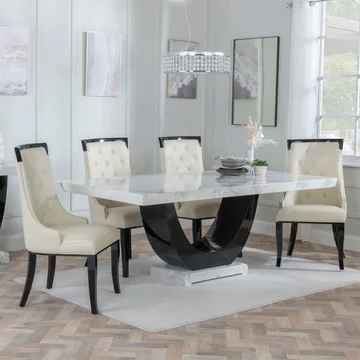 Clearance - madrid dining set - 8 seater - 200cm - white marble - carmela dining chairs - black leather