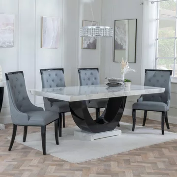 Clearance - madrid dining set - 8 seater - 200cm - white marble - carmela dining chairs - grey leather