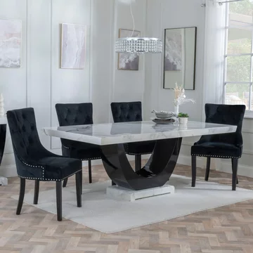Clearance - madrid dining set - 8 seater - 200cm - white marble - knocker back dining chairs - black velvet fabric - black wooden legs