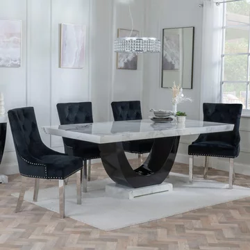 Clearance - madrid dining set - 8 seater - 200cm - white marble - knocker back dining chairs - black velvet fabric - chrome legs