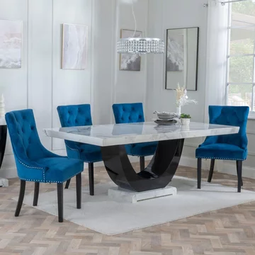 Clearance - madrid dining set - 8 seater - 200cm - white marble - knocker back dining chairs - blue velvet fabric - black wooden legs