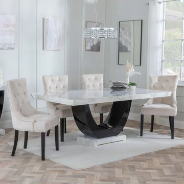 Clearance - madrid dining set - 8 seater - 200cm - white marble - knocker back dining chairs - champagne velvet fabric - black wooden legs