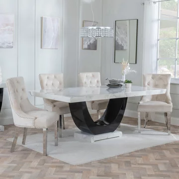 Clearance - madrid dining set - 8 seater - 200cm - white marble - knocker back dining chairs - champagne velvet fabric - chrome legs