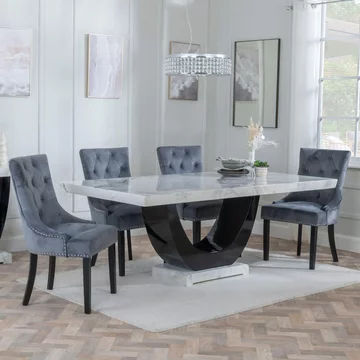 Clearance - madrid dining set - 8 seater - 200cm - white marble - knocker back dining chairs - grey velvet fabric - black wooden legs