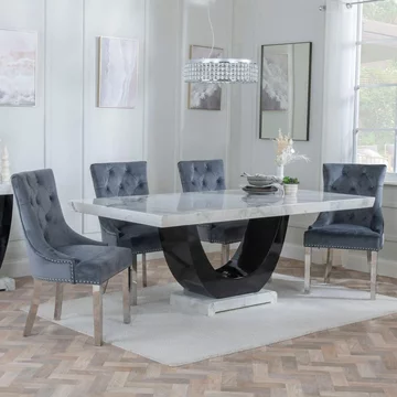 Clearance - madrid dining set - 8 seater - 200cm - white marble - knocker back dining chairs - grey velvet fabric - chrome legs