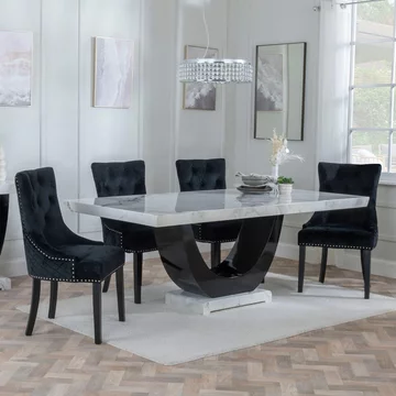 Clearance - madrid dining set - 8 seater - 200cm - white marble - lion knocker back dining chairs - black velvet fabric - black wooden legs