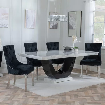 Clearance - madrid dining set - 8 seater - 200cm - white marble - lion knocker back dining chairs - black velvet fabric - chrome legs