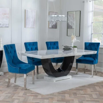 Clearance - madrid dining set - 8 seater - 200cm - white marble - lion knocker back dining chairs - blue velvet fabric - chrome legs