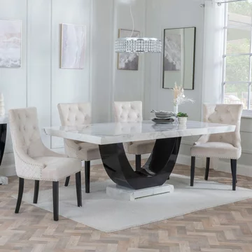 Clearance - madrid dining set - 8 seater - 200cm - white marble - lion knocker back dining chairs - champagne velvet fabric - black wooden legs