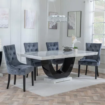 Clearance - madrid dining set - 8 seater - 200cm - white marble - lion knocker back dining chairs - grey velvet fabric - black wooden legs