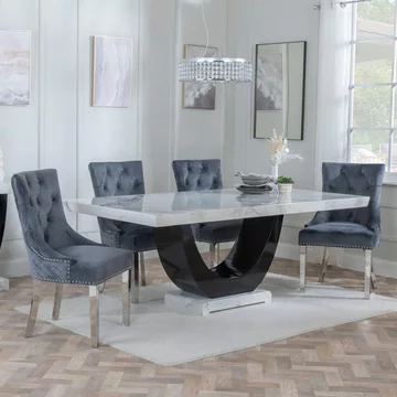 Clearance - madrid dining set - 8 seater - 200cm - white marble - lion knocker back dining chairs - grey velvet fabric - chrome legs