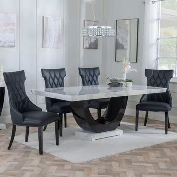 Clearance - madrid dining set - 8 seater - 200cm - white marble - mimi dining chairs - black leather