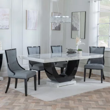 Clearance - madrid dining set - 8 seater - 200cm - white marble - paris dining chairs - grey leather - black legs