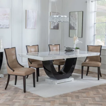 Clearance - madrid dining set - 8 seater - 200cm - white marble - paris dining chairs - taupe leather - brown legs