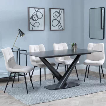 Clearance - maldon dining set - 6 seater - 160cm - black ceramic - corona dining chairs - beige fabric