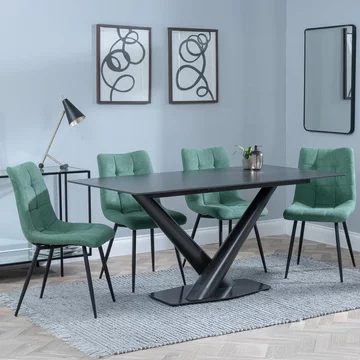 Get 2 chairs free - clearance - maldon dining set - 6 seater - 160cm - black ceramic - corona dining chairs - green fabric