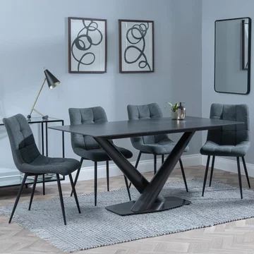 Get 2 chairs free - clearance - maldon dining set - 6 seater - 160cm - black ceramic - corona dining chairs - light grey fabric