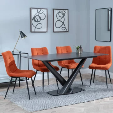 Get 2 chairs free - clearance - maldon dining set - 6 seater - 160cm - black ceramic - corona dining chairs - orange fabric