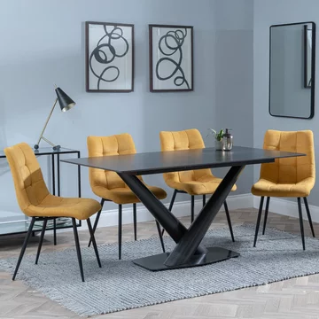 Clearance - maldon dining set - 6 seater - 160cm - black ceramic - corona dining chairs - yellow fabric