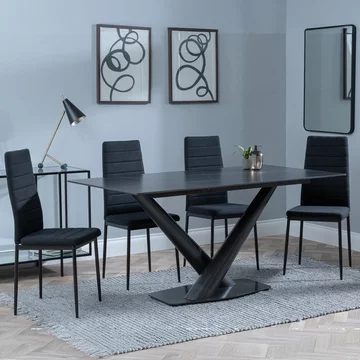 Clearance - maldon dining set - 6 seater - 160cm - black ceramic - lido dining chairs - black fabric - black legs
