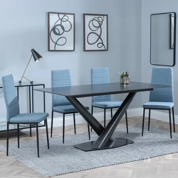 Clearance - maldon dining set - 6 seater - 160cm - black ceramic - lido dining chairs - blue fabric - black legs
