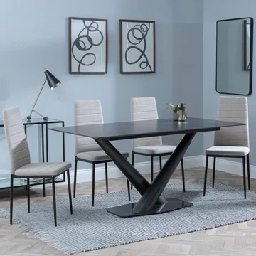 Clearance - maldon dining set - 6 seater - 160cm - black ceramic - lido dining chairs - sand fabric - black legs