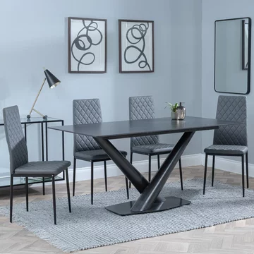 Clearance - maldon dining set - 6 seater - 160cm - black ceramic - metro dining chairs - grey leather - black legs
