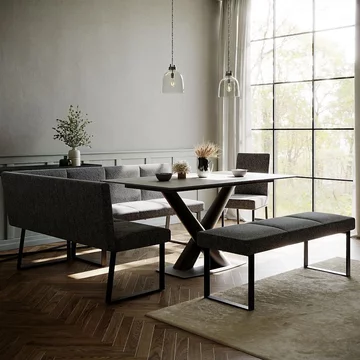 Clearance - maldon dining set - 6 seater - 160cm - grey ceramic - bronx dark grey fabric - lhf corner bench + low bench + chair
