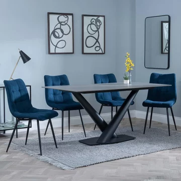 Get 2 chairs free - clearance - maldon dining set - 6 seater - 160cm - grey ceramic - corona dining chairs - blue fabric