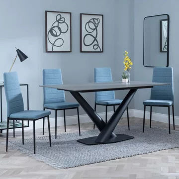 Clearance - maldon dining set - 6 seater - 160cm - grey ceramic - lido dining chairs - blue fabric - black legs