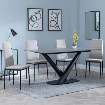 Clearance - maldon dining set - 6 seater - 160cm - grey ceramic - lido dining chairs - sand fabric - black legs
