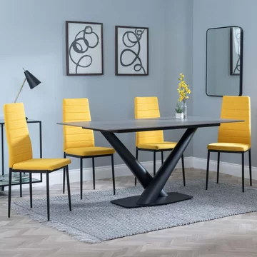 Clearance - maldon dining set - 6 seater - 160cm - grey ceramic - lido dining chairs - yellow fabric - black legs
