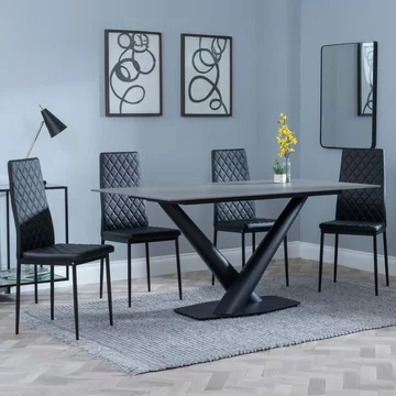 Clearance - maldon dining set - 6 seater - 160cm - grey ceramic - metro dining chairs - black leather - black legs