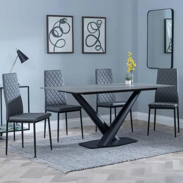 Clearance - maldon dining set - 6 seater - 160cm - grey ceramic - metro dining chairs - grey leather - black legs
