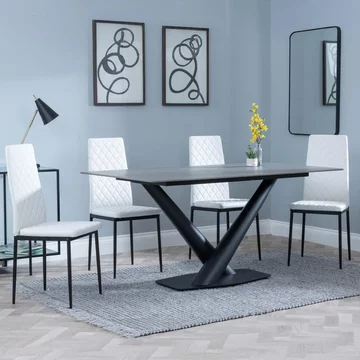 Clearance - maldon dining set - 6 seater - 160cm - grey ceramic - metro dining chairs - white leather - black legs