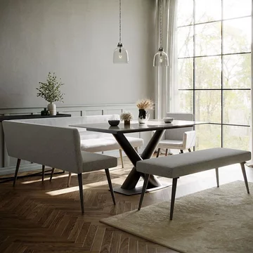 Clearance - maldon dining set - 6 seater - 160cm - grey ceramic - monza grey fabric - lhf corner bench + low bench + armchair
