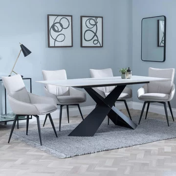 Get 2 chairs free - merlin dining set - 6-8 seater - 180cm - white ceramic - ace swivel dining chairs - beige fabric