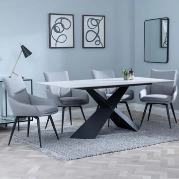 Merlin dining set - 6-8 seater - 180cm - white ceramic - ace swivel dining chairs - grey fabric